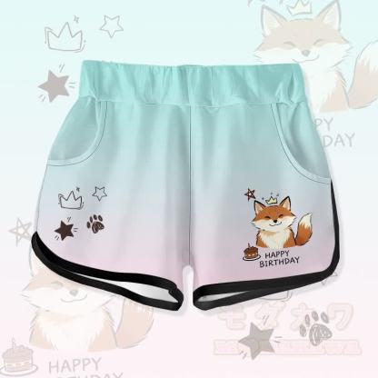 HAPPYバースデー かわいいキツネのケーキ グラフィックModakawaグラデーション ショートパンツ - 緑 - 5XL - image 2
