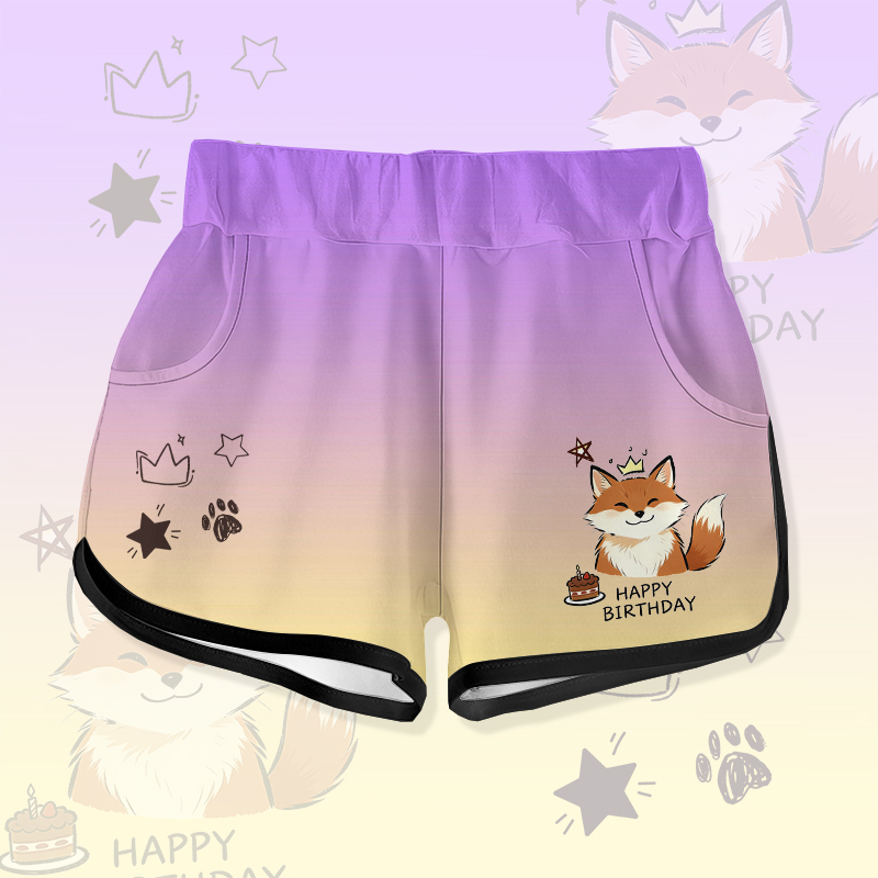HAPPYバースデー かわいいキツネのケーキ グラフィックModakawaグラデーション ショートパンツ - Purple - 5XL - image 1