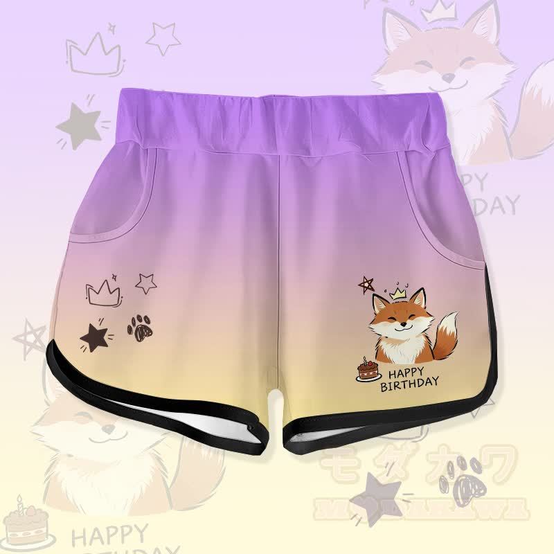 HAPPYバースデー かわいいキツネのケーキ グラフィックModakawaグラデーション ショートパンツ - 紫 - 5XL - image 1
