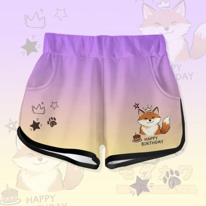HAPPYバースデー かわいいキツネのケーキ グラフィックModakawaグラデーション ショートパンツ - 紫 - 5XL - image 1