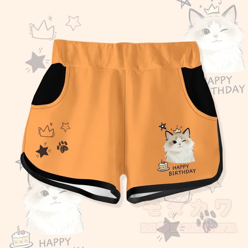 HAPPYバースデー ウィンクキャットケーキ グラフィックModakawaショーツ - オレンジ - 5XL - image 2