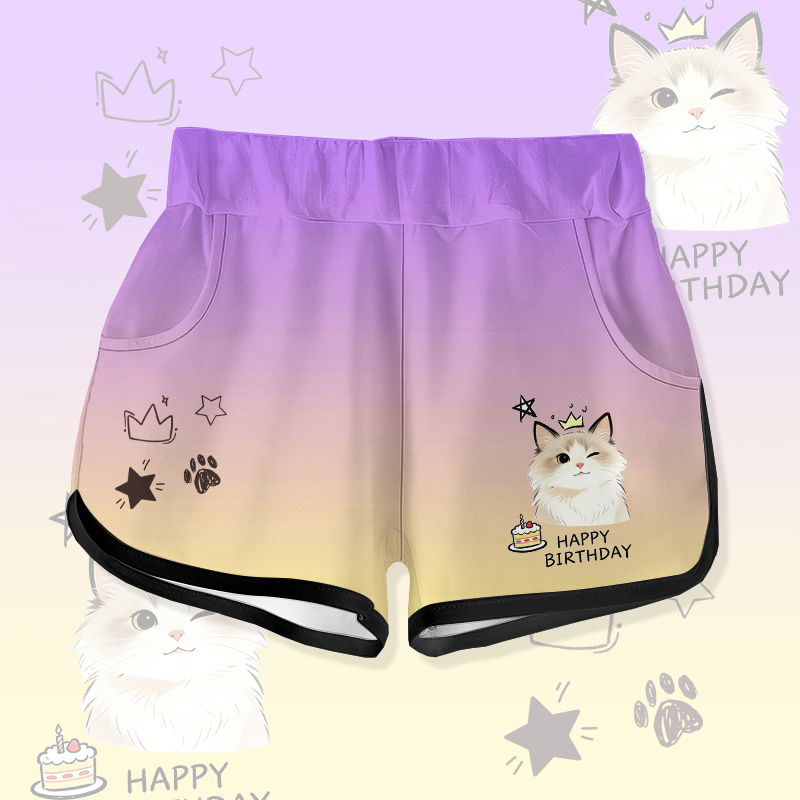 HAPPYバースデー ウィンクキャットケーキ グラフィックModakawaグラデーションショーツ - Purple - 5XL - image 1