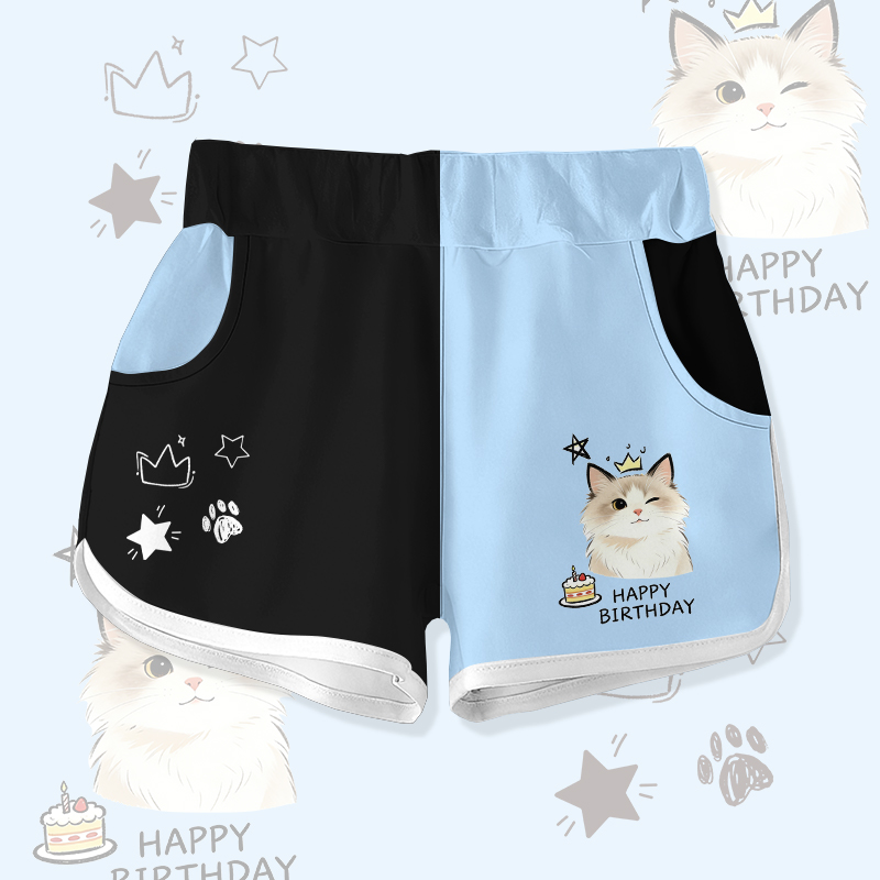 HAPPYバースデー ウィンクキャットケーキ グラフィックModakawaカラーブロックショーツ - Black & Blue - 5XL - image 1
