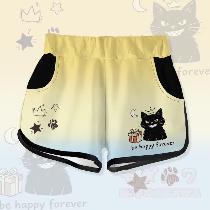永遠にHAPPYでいよう 黒猫ギフト グラフィックModakawaグラデーション ショーツ - 黄色 - 5XL - image 1