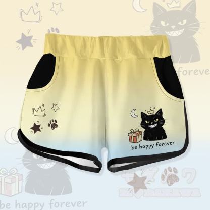 永遠にHAPPYでいよう 黒猫ギフト グラフィックModakawaグラデーション ショーツ - 黄色 - 5XL - image 1