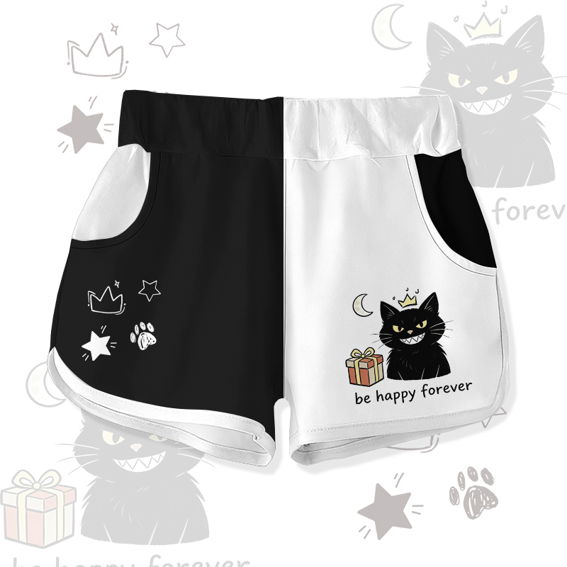 永遠にHAPPYでいよう 黒猫ギフト グラフィックModakawaカラーブロック ショーツ - Black & White - 5XL - image 1