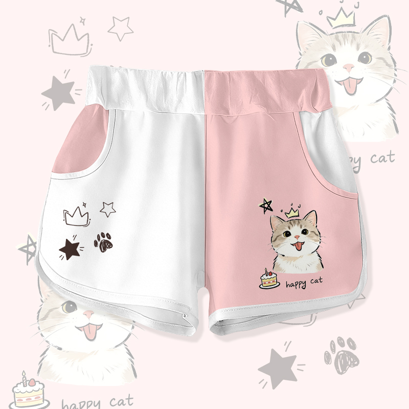 HAPPYキャット 猫ケーキ グラフィックModakawaカラーブロック ショートパンツ - White & Pink - 5XL - image 1