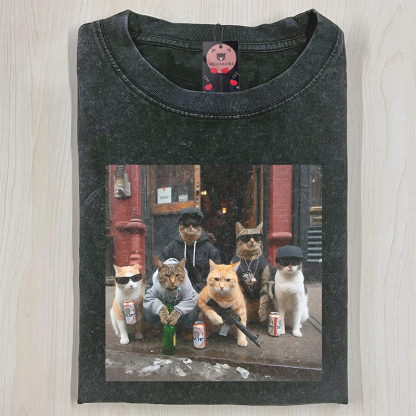 ストリートキャットクルー グラフィックModakawaユニセックス ヴィンテージウォッシュドTシャツ - image 1
