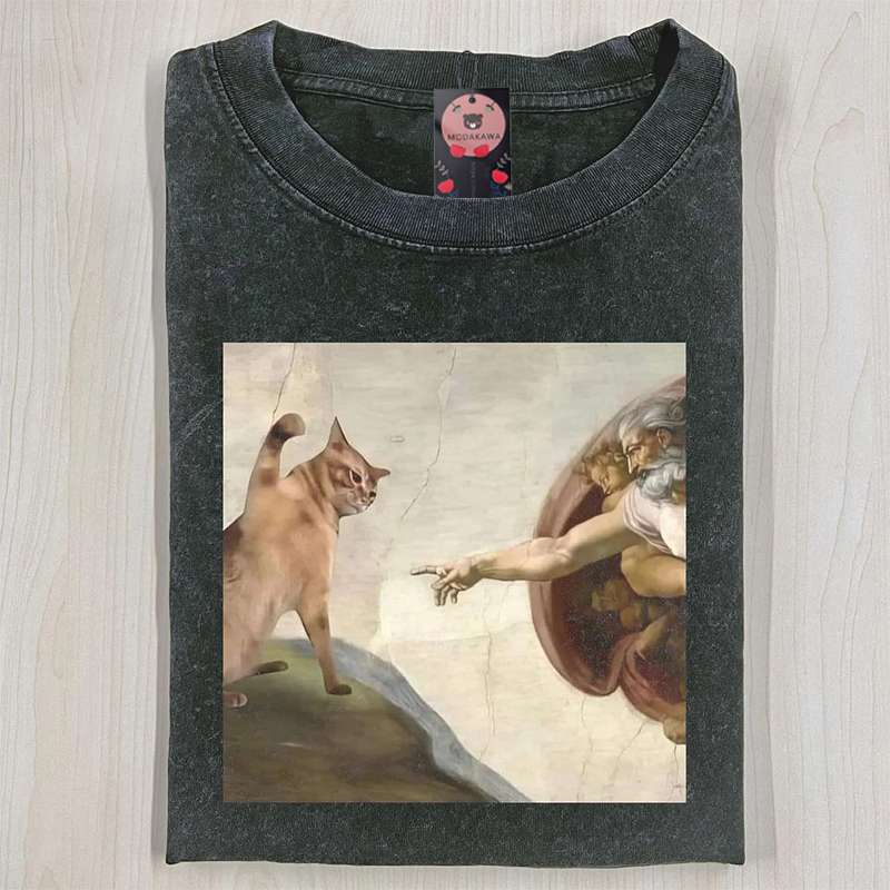 面白い猫のグラフィック入りModakawaユニセックス ヴィンテージウォッシュドTシャツ - image 1