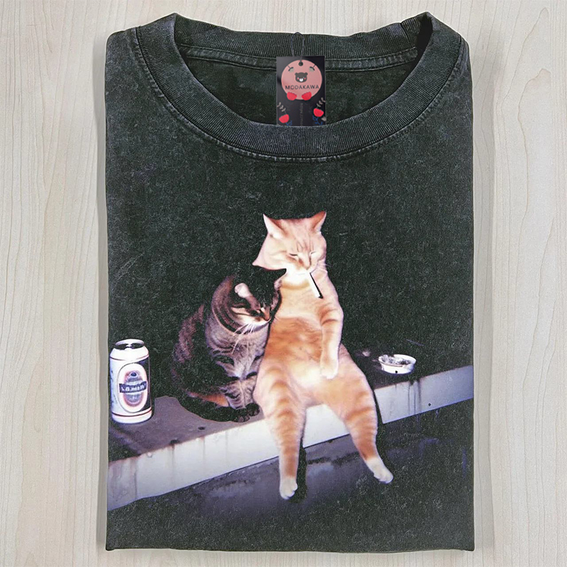 喫煙猫グラフィックModakawaユニセックス ヴィンテージウォッシュドTシャツ - image 1