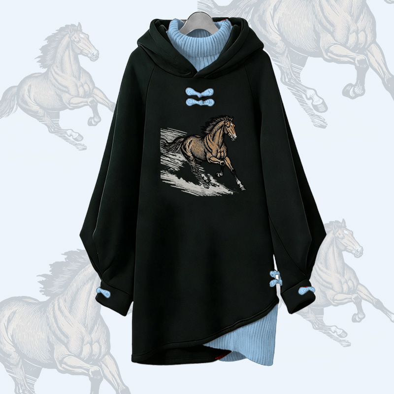 ランニングホースグラフィックModakawaバックル ヴィンテージ フード付きスウェットシャツドレス - Blue - 3XL - image 2