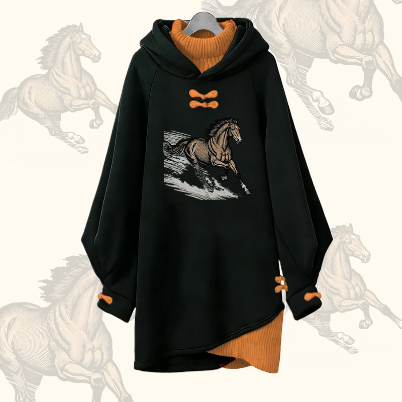 ランニングホースグラフィックModakawaバックル ヴィンテージ フード付きスウェットシャツドレス - Orange - 3XL - image 1