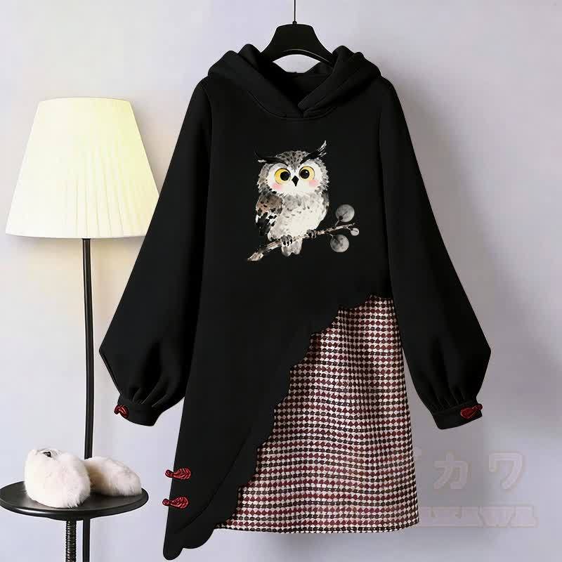 フクロウ柄のModakawaバックル付きヴィンテージ風フード付きスウェットシャツドレス - 黒 - 3XL - image 2