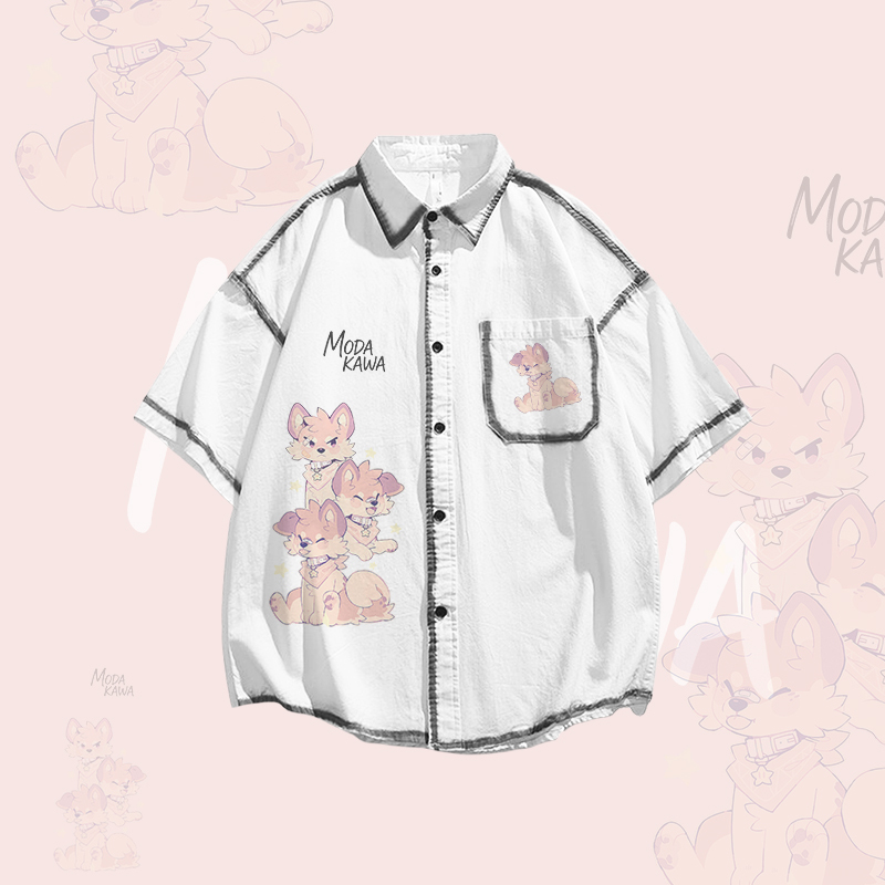 MODAKAWA × popipeko 子犬柄オーバーサイズボタンアップシャツと不規則なデニムプリーツスカートのセットアップ - White Shirt - XL - image 2