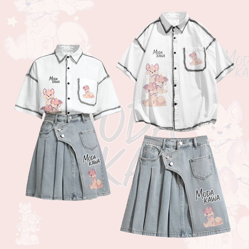 MODAKAWA × popipeko 子犬柄オーバーサイズボタンアップシャツと不規則なデニムプリーツスカートのセットアップ - Set - XL - image 1