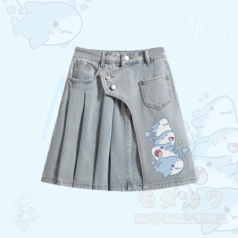 シャーク柄オーバーサイズボタンアップシャツ、イレギュラーデニムプリーツスカート、Modakawaお揃いコーデ - ブルースカート - XL - image 3