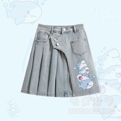 シャーク柄オーバーサイズボタンアップシャツ、イレギュラーデニムプリーツスカート、Modakawaお揃いコーデ - ブルースカート - XL - image 3