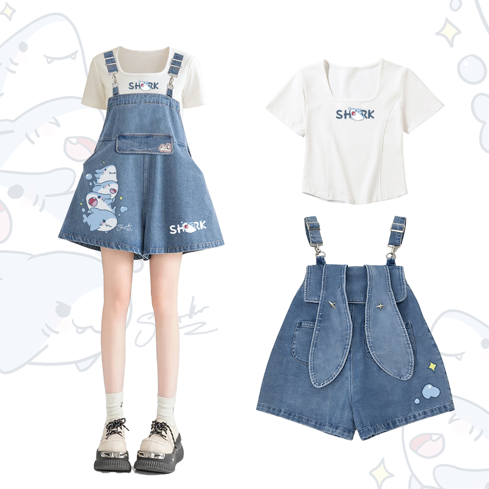シャークグラフィック スクエアネックTシャツ ラビットイヤー デニムオーバーオールショーツModakawaツーピースセット - Set A - 2XL - image 1