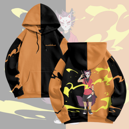 MODAKAWA × pandashk カートゥーンキャラクターグラフィックプルオーバーパーカー - Black & Orange - 6XL - image 1