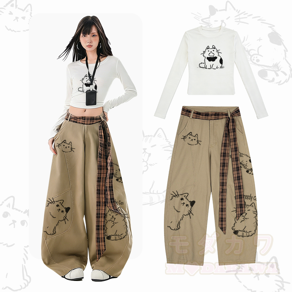 猫柄プリント入り長袖ベースレイヤートップとレトロなゆったりワイドレッグデニムパンツのツーピースセット - セットA - XL - image 1