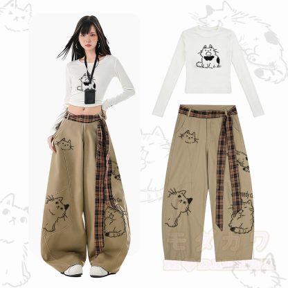 猫柄プリント入り長袖ベースレイヤートップとレトロなゆったりワイドレッグデニムパンツのツーピースセット - セットA - XL - image 1