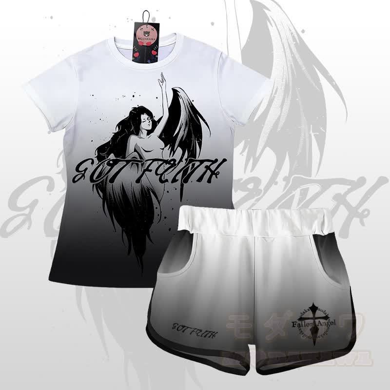 EVIL FAITH エンジェルグラフィックグラデーションTシャツショーツModakawaマッチングアウトフィット - セットB - 5XL - image 2