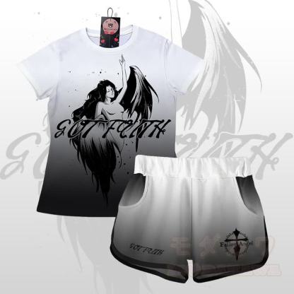 EVIL FAITH エンジェルグラフィックグラデーションTシャツショーツModakawaマッチングアウトフィット - セットB - 5XL - image 2