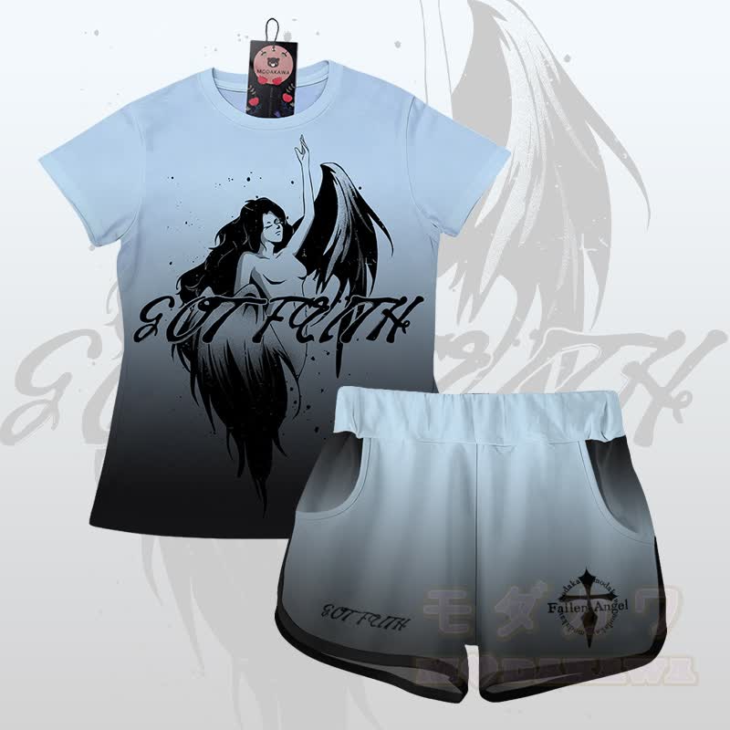 EVIL FAITH エンジェルグラフィックグラデーションTシャツショーツModakawaマッチングアウトフィット - セットA - 5XL - image 1