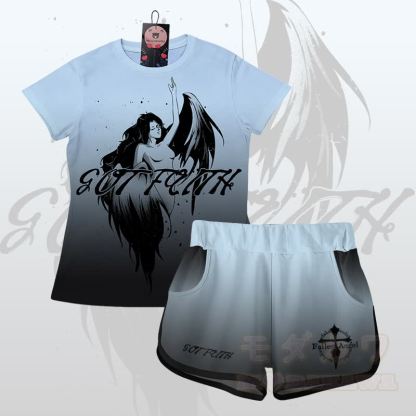 EVIL FAITH エンジェルグラフィックグラデーションTシャツショーツModakawaマッチングアウトフィット - セットA - 5XL - image 1