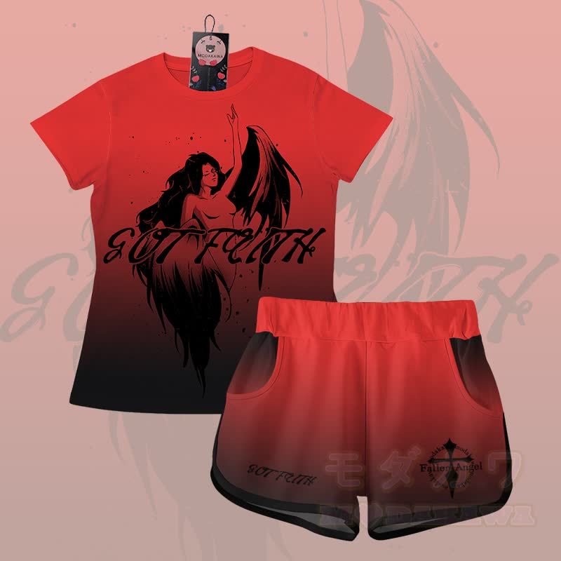 EVIL FAITH エンジェルグラフィックグラデーションTシャツショーツModakawaマッチングアウトフィット - セットC - 5XL - image 3