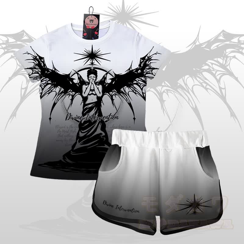 DIVINE INTERVENTION エンジェルグラフィックグラデーションTシャツショーツModakawaマッチングアウトフィット - セットA - 5XL - image 1