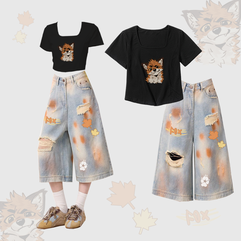 MODAKAWA × atka Fox グラフィック スクエアネック Tシャツ ダメージ加工クロップドデニムジーンズ ツーピースセット - Black & Blue - XL - image 1