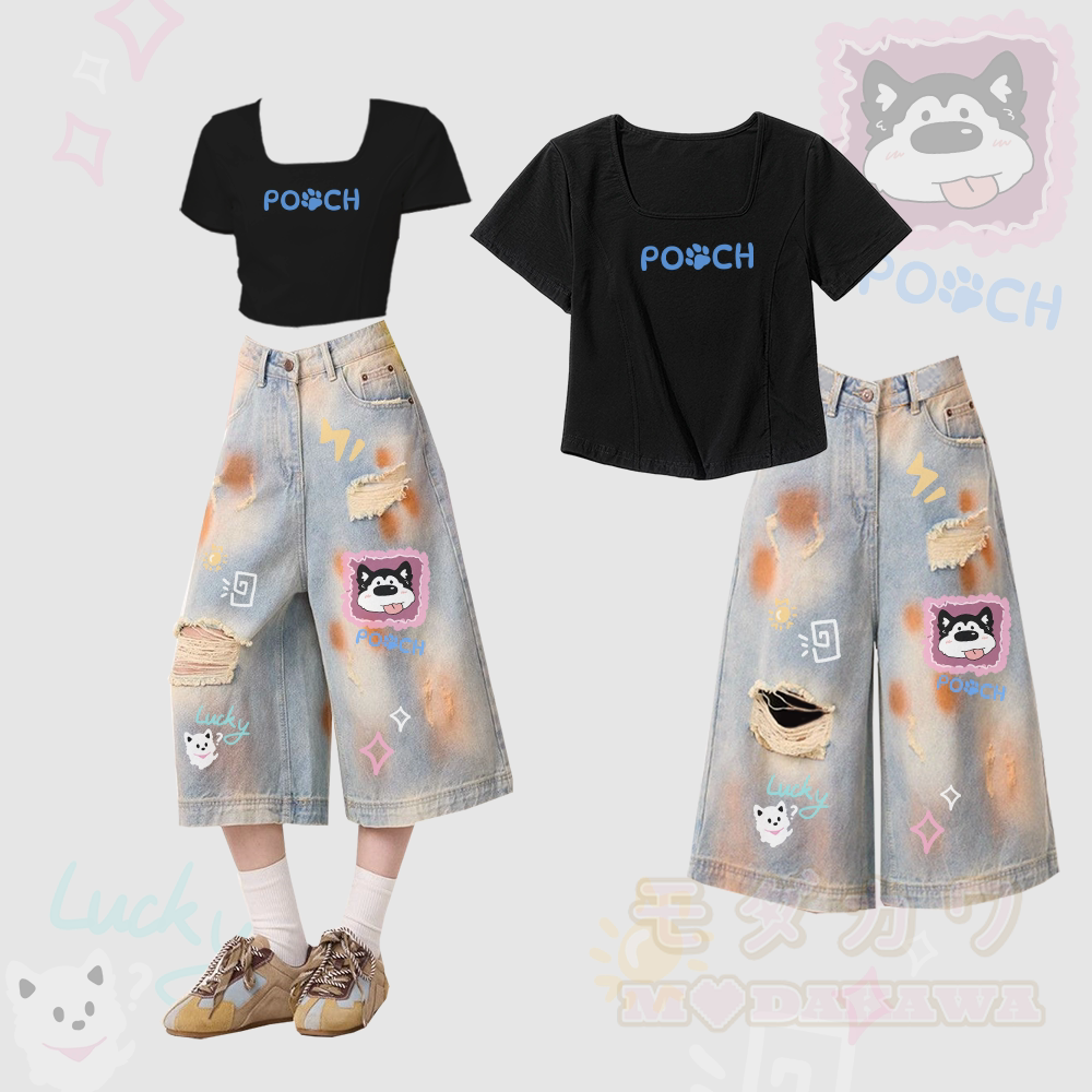 POOCH パピー グラフィック スクエアネック Tシャツ ダメージ加工 クロップド デニム ジーンズModakawaツーピースセット - ブラック＆ブルー - XL - image 2