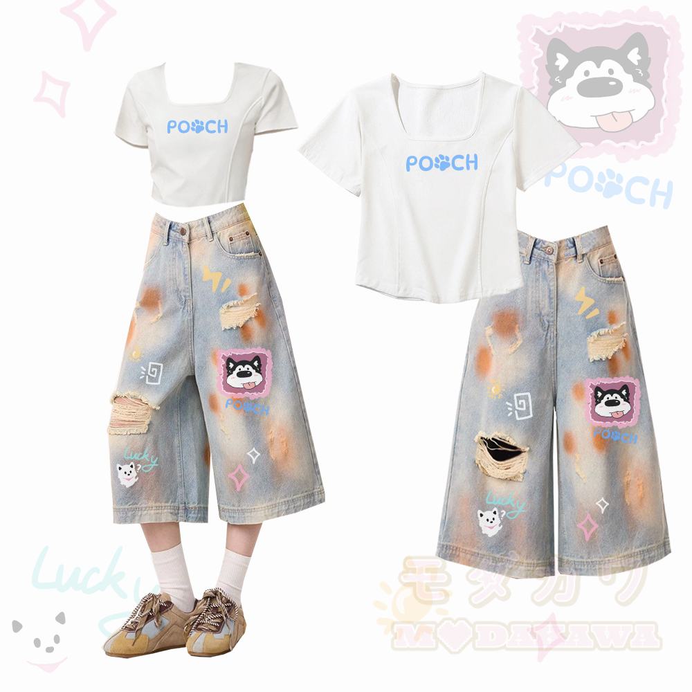 POOCH パピー グラフィック スクエアネック Tシャツ ダメージ加工 クロップド デニム ジーンズModakawaツーピースセット - ホワイト＆ブルー - XL - image 1