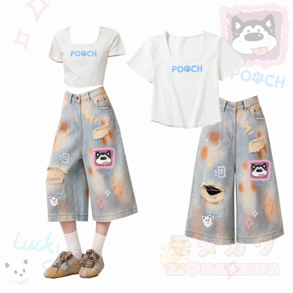 POOCH パピー グラフィック スクエアネック Tシャツ ダメージ加工 クロップド デニム ジーンズModakawaツーピースセット - ホワイト＆ブルー - XL - image 1