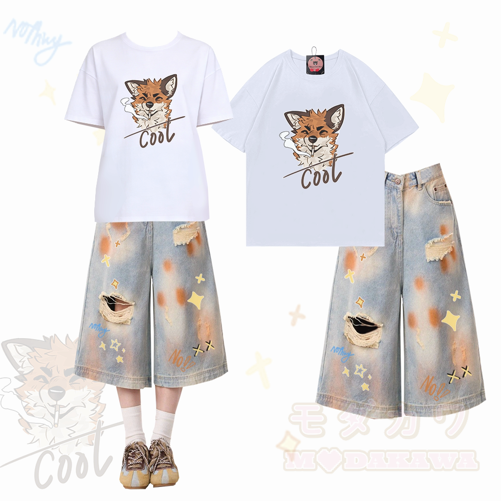 MODAKAWA × atka スモーキングフォックス グラフィック100%綿Tシャツ ダメージ加工クロップドデニムジーンズ ツーピースセット - ホワイト＆ブルー - XL - image 2