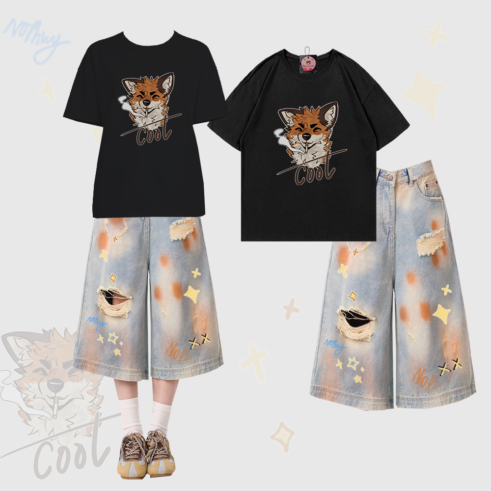 MODAKAWA × atka スモーキングフォックス グラフィック100%綿Tシャツ ダメージ加工クロップドデニムジーンズ ツーピースセット - Black & Blue - XL - image 1