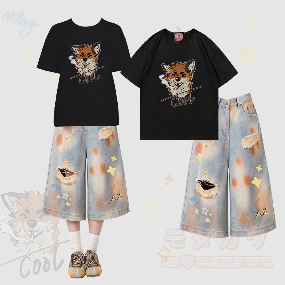 MODAKAWA × atka スモーキングフォックス グラフィック100%綿Tシャツ ダメージ加工クロップドデニムジーンズ ツーピースセット - ブラック＆ブルー - XL - image 1