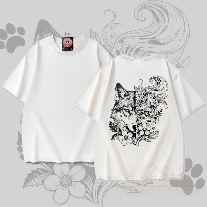 ウルフフローラルグラフィックModakawaユニセックス ヴィンテージウォッシュドTシャツ - 白 - 5XL - image 1