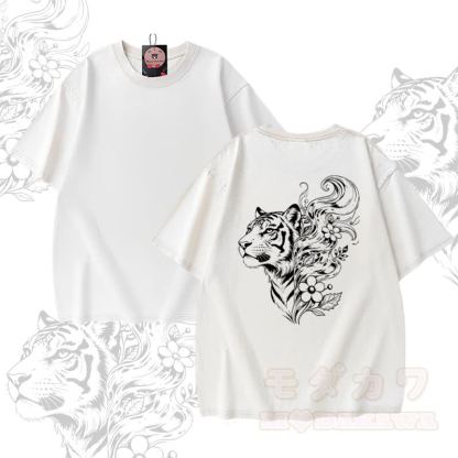 タイガーフローラルグラフィックModakawaユニセックス ヴィンテージウォッシュTシャツ - 白 - 5XL - image 2