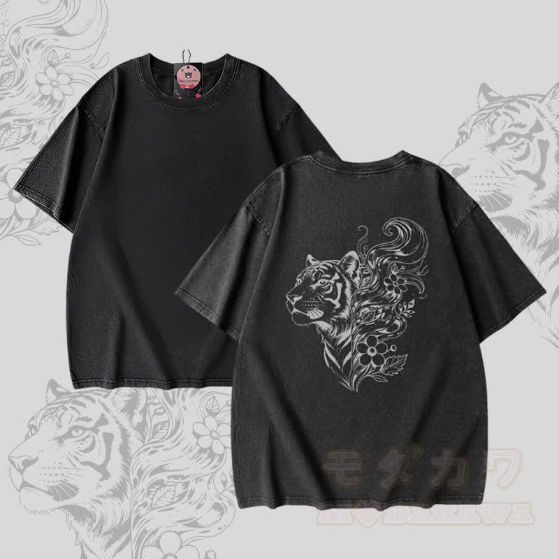 タイガーフローラルグラフィックModakawaユニセックス ヴィンテージウォッシュTシャツ - 黒 - 5XL - image 1