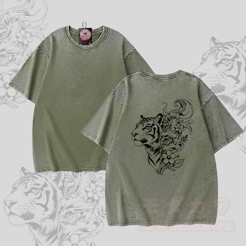 タイガーフローラルグラフィックModakawaユニセックス ヴィンテージウォッシュTシャツ - 緑 - 5XL - image 5
