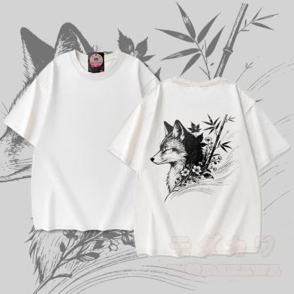 竹狐グラフィックModakawaユニセックス ヴィンテージウォッシュドTシャツ - 白 - 5XL - image 1