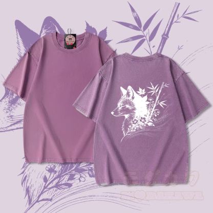 竹狐グラフィックModakawaユニセックス ヴィンテージウォッシュドTシャツ - 紫 - 5XL - image 4