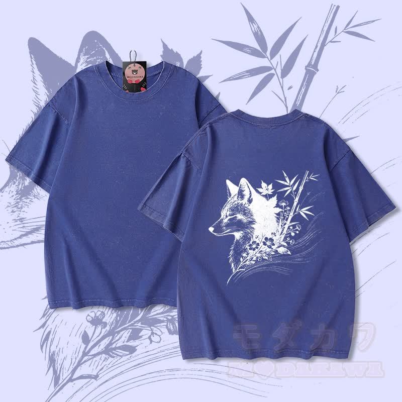 竹狐グラフィックModakawaユニセックス ヴィンテージウォッシュドTシャツ - 青 - 5XL - image 3