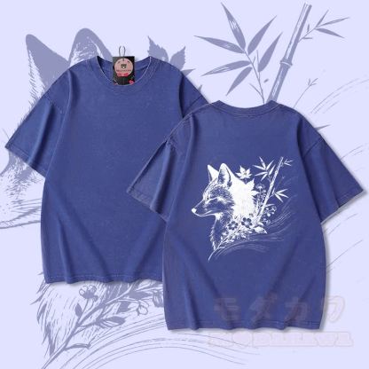 竹狐グラフィックModakawaユニセックス ヴィンテージウォッシュドTシャツ - 青 - 5XL - image 3