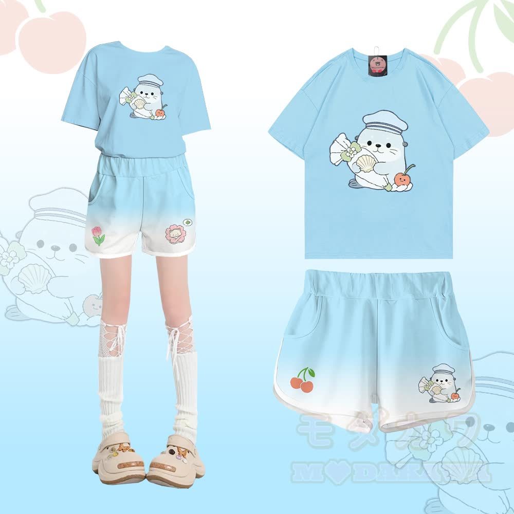 かわいいアザラシ柄の綿100% T綿とグラデーションショーツのModakawaカワツーピースセット - セットA - 5XL - image 1