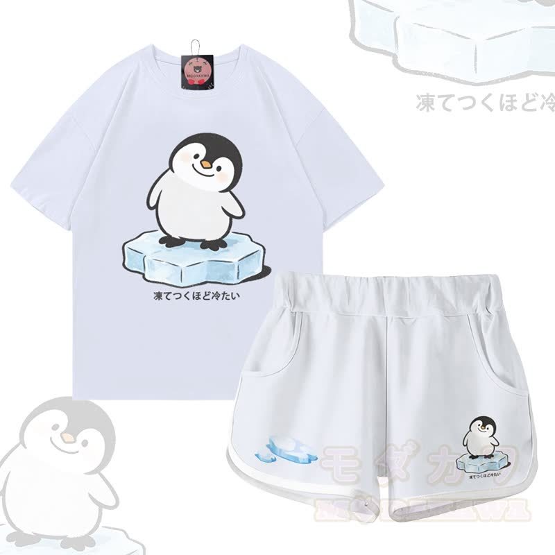 ペンギン柄100%綿Tシャツ グラデーションショーツModakawaツーピースセット - セットC - 5XL - image 3