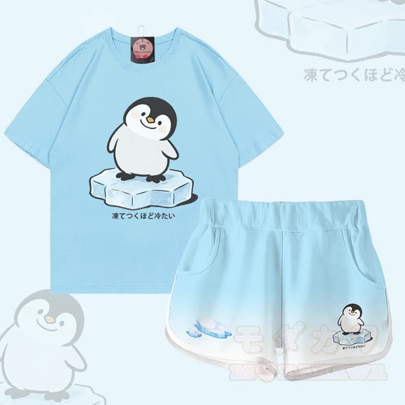ペンギン柄100%綿Tシャツ グラデーションショーツModakawaツーピースセット - セットA - 5XL - image 1