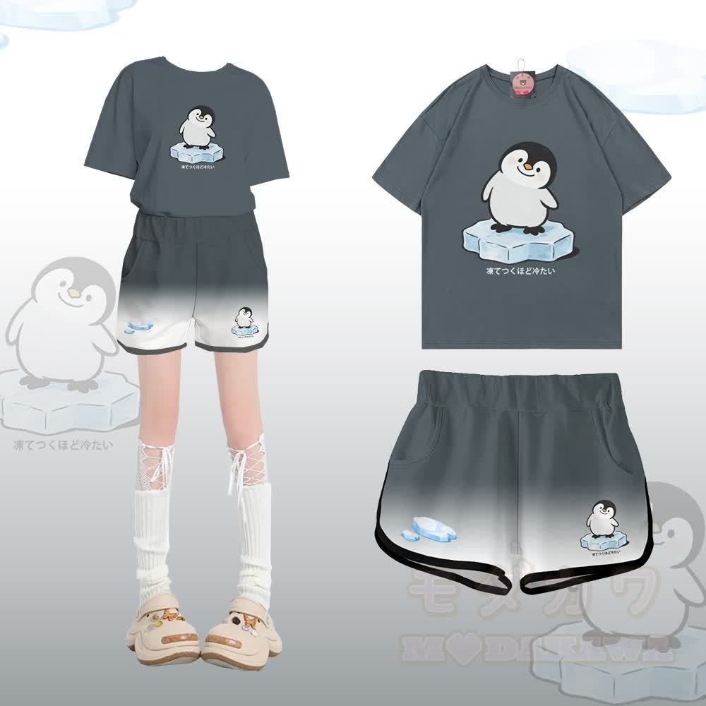 ペンギン柄100%綿Tシャツ グラデーションショーツModakawaツーピースセット - セットB - 5XL - image 2